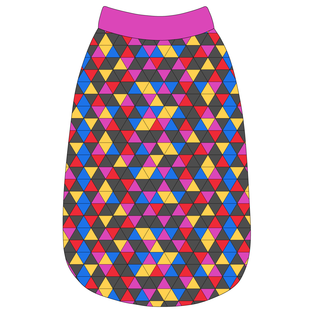 Tank in a dog friendly pattern that shows a colorful geometric design that looks like the New Years Eve ball that drops in Times Square. It's complete with magenta trim on the neck, waist and shoulders.