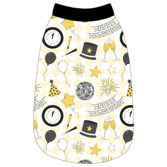 Tank in a dog friendly pattern that shows a mirror ball, top hat, champagne toast, balloons, clock striking midnight, banner reading Happy New Year and more on a light gold and white diamond background.  It's complete with black trim on the neck, waist and shoulders.