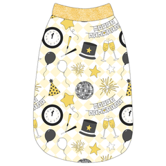 Tank in a dog friendly pattern that shows a mirror ball, top hat, champagne toast, balloons, clock striking midnight, banner reading Happy New Year and more on a light gold and white diamond background.  It's complete with gold sparkle trim on the neck, waist and shoulders.