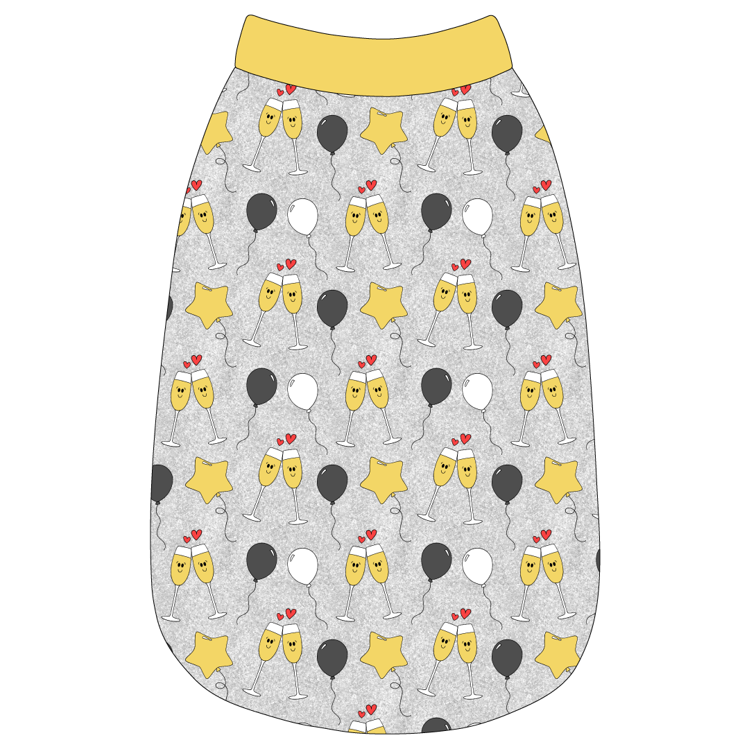 Tank in a dog friendly pattern that shows two happy champagne glasses making a toast with hearts overhead, gold star balloons and traditional balloons in white and gray on a silver sparkle background.  It's complete with gold trim on the neck, waist and shoulders.