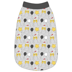 Tank in a dog friendly pattern that shows two happy champagne glasses making a toast with hearts overhead, gold star balloons and traditional balloons in white and gray on a silver sparkle background.  It's complete with gray trim on the neck, waist and shoulders.