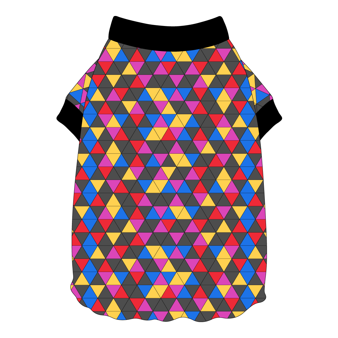 Tee shirt style with flutter hem in a dog friendly pattern that shows a colorful geometric design that looks like the New Years Eve ball that drops in Times Square. It's complete with black trim on the neck and sleeves.