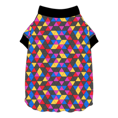 Tee shirt style with flutter hem in a dog friendly pattern that shows a colorful geometric design that looks like the New Years Eve ball that drops in Times Square. It's complete with black trim on the neck and sleeves.