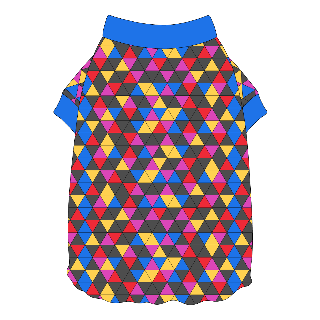 Tee shirt style with flutter hem in a dog friendly pattern that shows a colorful geometric design that looks like the New Years Eve ball that drops in Times Square. It's complete with blue trim on the neck and sleeves.