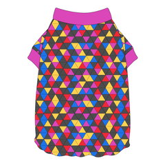 Tee shirt style with flutter hem in a dog friendly pattern that shows a colorful geometric design that looks like the New Years Eve ball that drops in Times Square. It's complete with magenta trim on the neck and sleeves.