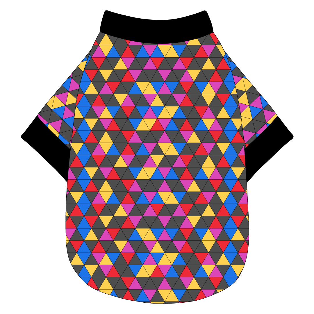 Tee shirt in a dog friendly pattern that shows a colorful geometric design that looks like the New Years Eve ball that drops in Times Square. It's complete with black trim on the neck, waist and sleeves.