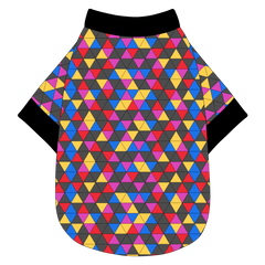 Tee shirt in a dog friendly pattern that shows a colorful geometric design that looks like the New Years Eve ball that drops in Times Square. It's complete with black trim on the neck, waist and sleeves.