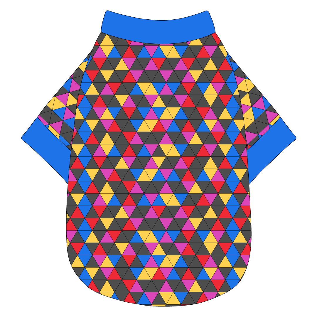 Tee shirt in a dog friendly pattern that shows a colorful geometric design that looks like the New Years Eve ball that drops in Times Square. It's complete with blue trim on the neck, waist and sleeves.