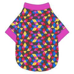 Tee shirt in a dog friendly pattern that shows a colorful geometric design that looks like the New Years Eve ball that drops in Times Square. It's complete with magenta trim on the neck, waist and sleeves.