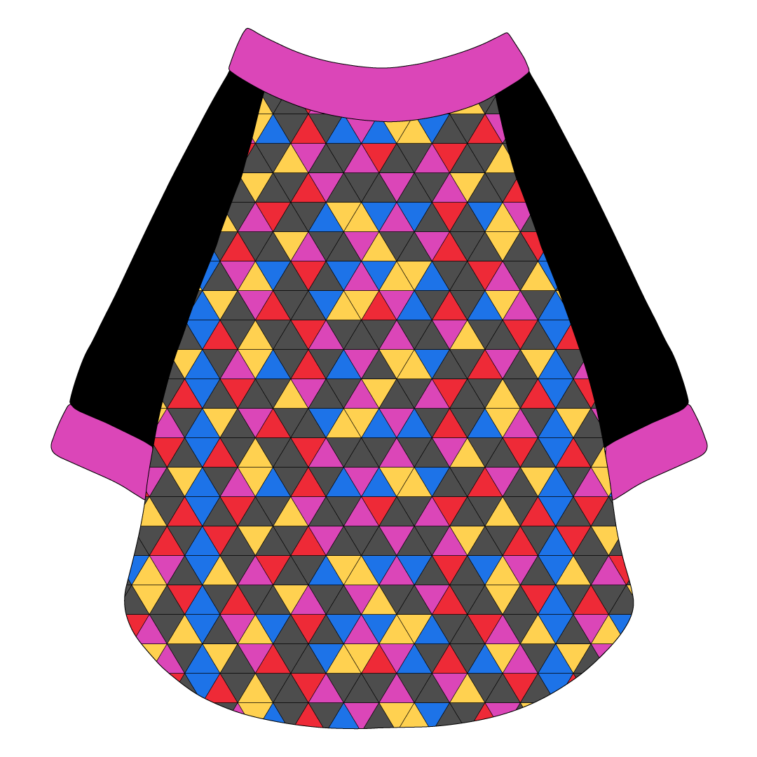 Raglan style tee in a dog friendly pattern that shows a colorful geometric design that looks like the New Years Eve ball that drops in Times Square. It's complete with solid black sleeves and trimmed in magenta. Magenta trim is also on the neck and waist.