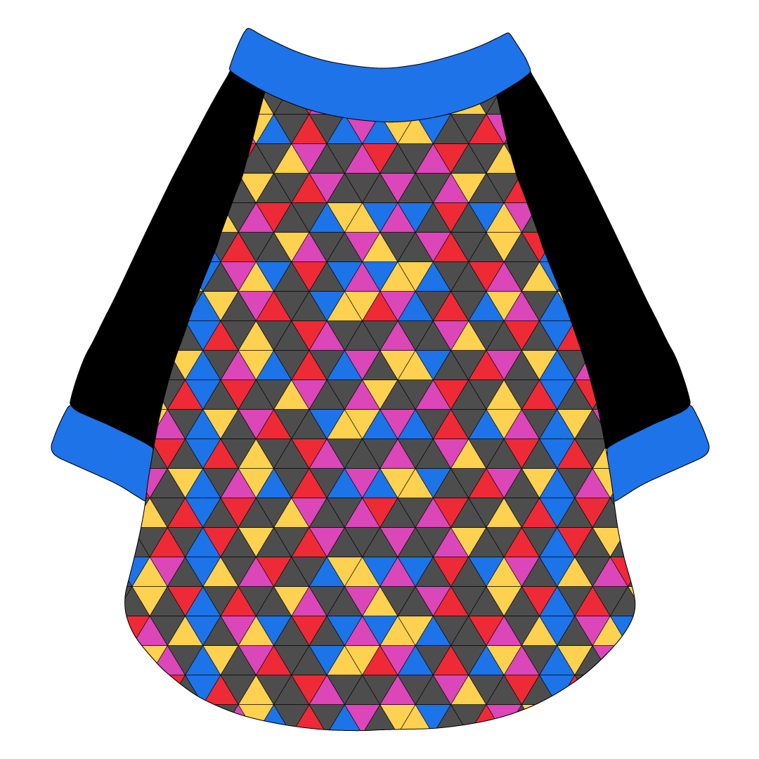 Raglan style tee in a dog friendly pattern that shows a colorful geometric design that looks like the New Years Eve ball that drops in Times Square. It's complete with solid black sleeves and trimmed in blue. Blue trim is also on the neck and waist.