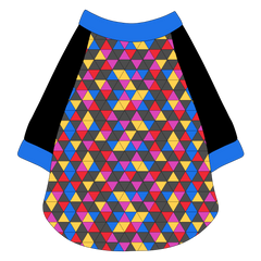 Raglan style tee in a dog friendly pattern that shows a colorful geometric design that looks like the New Years Eve ball that drops in Times Square. It's complete with solid black sleeves and trimmed in blue. Blue trim is also on the neck and waist.