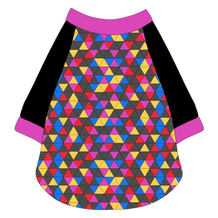 Raglan style tee in a dog friendly pattern that shows a colorful geometric design that looks like the New Years Eve ball that drops in Times Square. It's complete with solid black sleeves and trimmed in magenta. Magenta trim is also on the neck and waist.