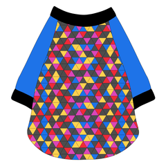 Raglan style tee in a dog friendly pattern that shows a colorful geometric design that looks like the New Years Eve ball that drops in Times Square. It's complete with solid blue sleeves and trimmed in black. Black trim is also on the neck and waist.