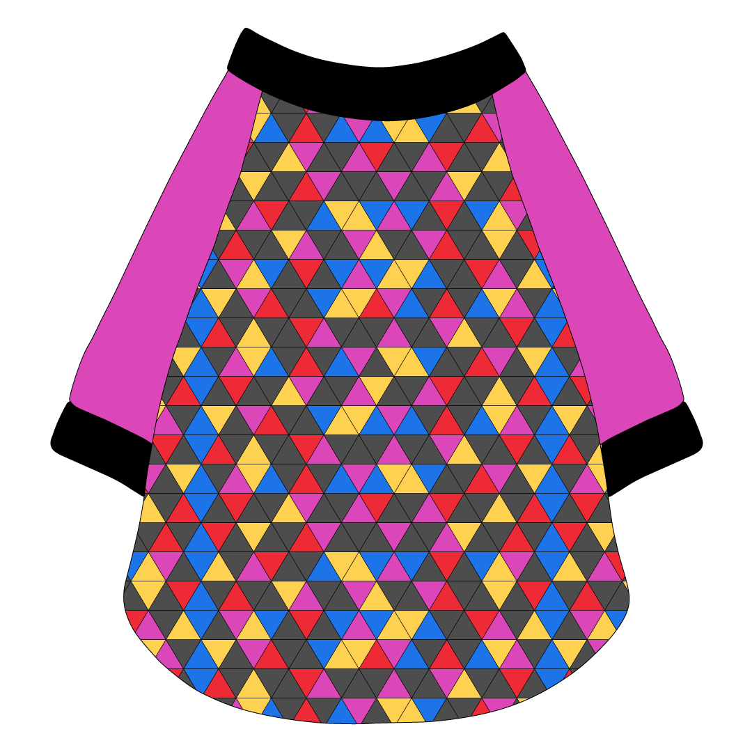 Raglan style tee in a dog friendly pattern that shows a colorful geometric design that looks like the New Years Eve ball that drops in Times Square. It's complete with solid magenta sleeves and trimmed in black. Black trim is also on the neck and waist.