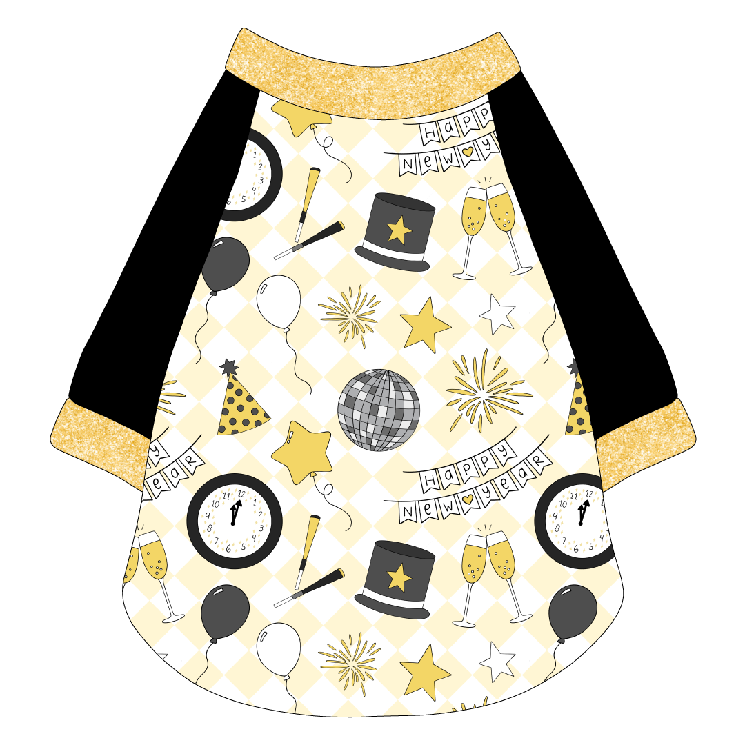 Raglan style tee in a dog friendly pattern that shows a mirror ball, top hat, champagne toast, balloons, clock striking midnight, banner reading Happy New Year and more on a light gold and white diamond background.  It's complete with black sleeves and trimmed in gold sparkle. Gold sparkle trim is also on the neck and waist.