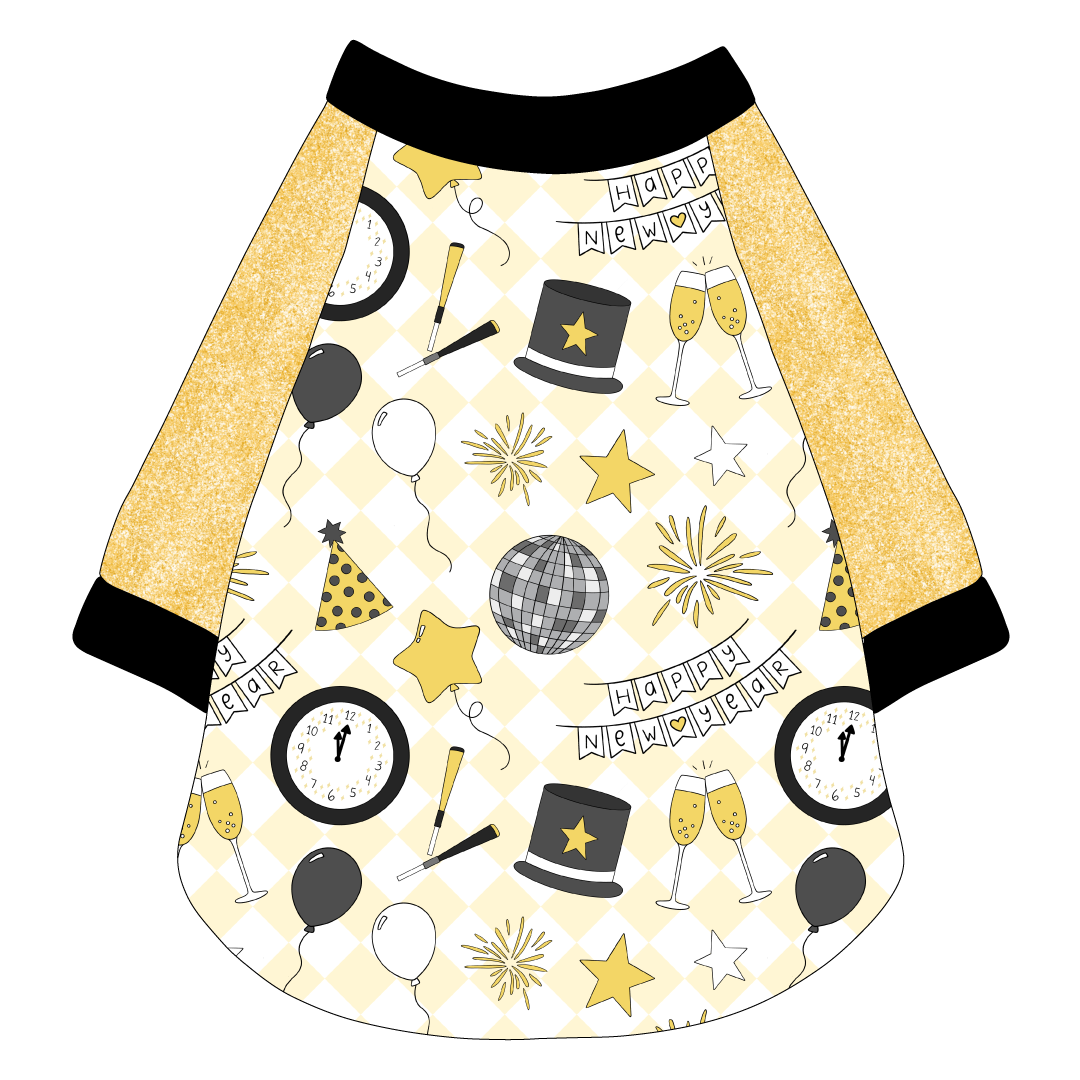 Raglan style tee in a dog friendly pattern that shows a mirror ball, top hat, champagne toast, balloons, clock striking midnight, banner reading Happy New Year and more on a light gold and white diamond background.  It's complete with gold sparkle sleeves and trimmed in black. Black trim is also on the neck and waist.