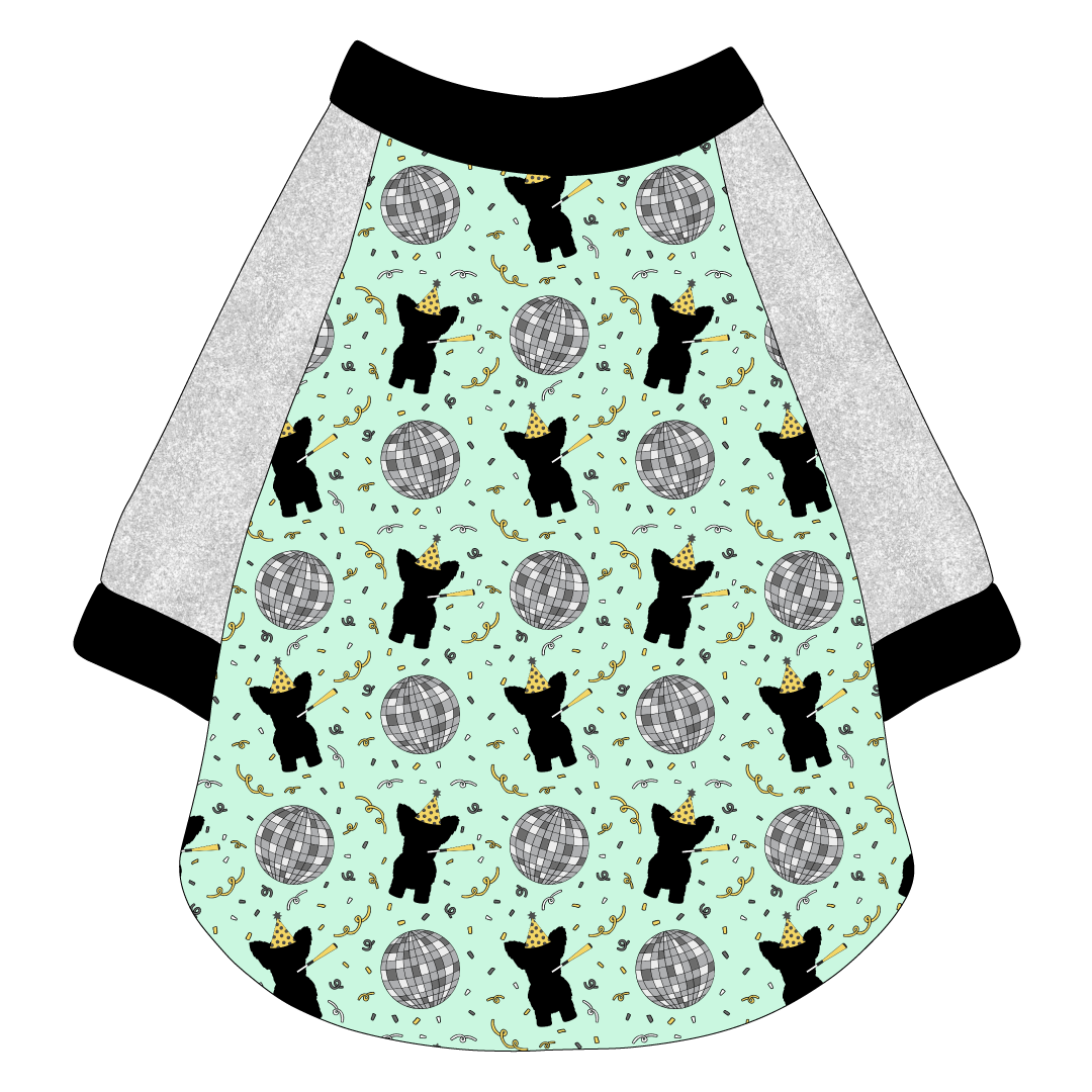 Raglan style tee in a dog friendly pattern that shows a mirror ball, dog with a party blower and confetti on a light green background.  It's complete with silver sparkle sleeves and trimmed in black. Black trim is also on the neck and waist.