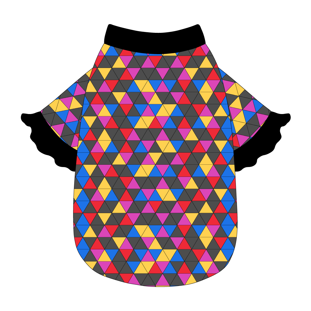 Tee style in a dog friendly pattern that shows a colorful geometric design that looks like the New Years Eve ball that drops in Times Square. It's complete with black ruffles on the sleeve edges. Black trim is also on the neck and waist.