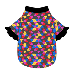 Tee style in a dog friendly pattern that shows a colorful geometric design that looks like the New Years Eve ball that drops in Times Square. It's complete with black ruffles on the sleeve edges. Black trim is also on the neck and waist.