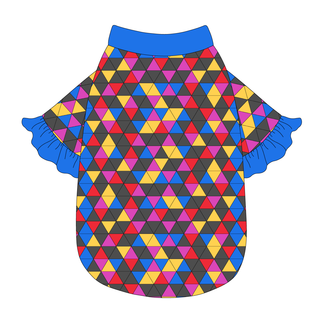 Tee style in a dog friendly pattern that shows a colorful geometric design that looks like the New Years Eve ball that drops in Times Square. It's complete with blue ruffles on the sleeve edges. blue trim is also on the neck and waist.