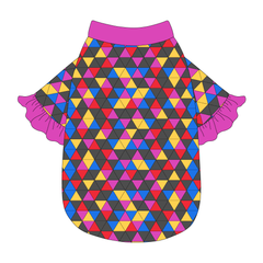 Tee style in a dog friendly pattern that shows a colorful geometric design that looks like the New Years Eve ball that drops in Times Square. It's complete with magenta ruffles on the sleeve edges. Magenta trim is also on the neck and waist.