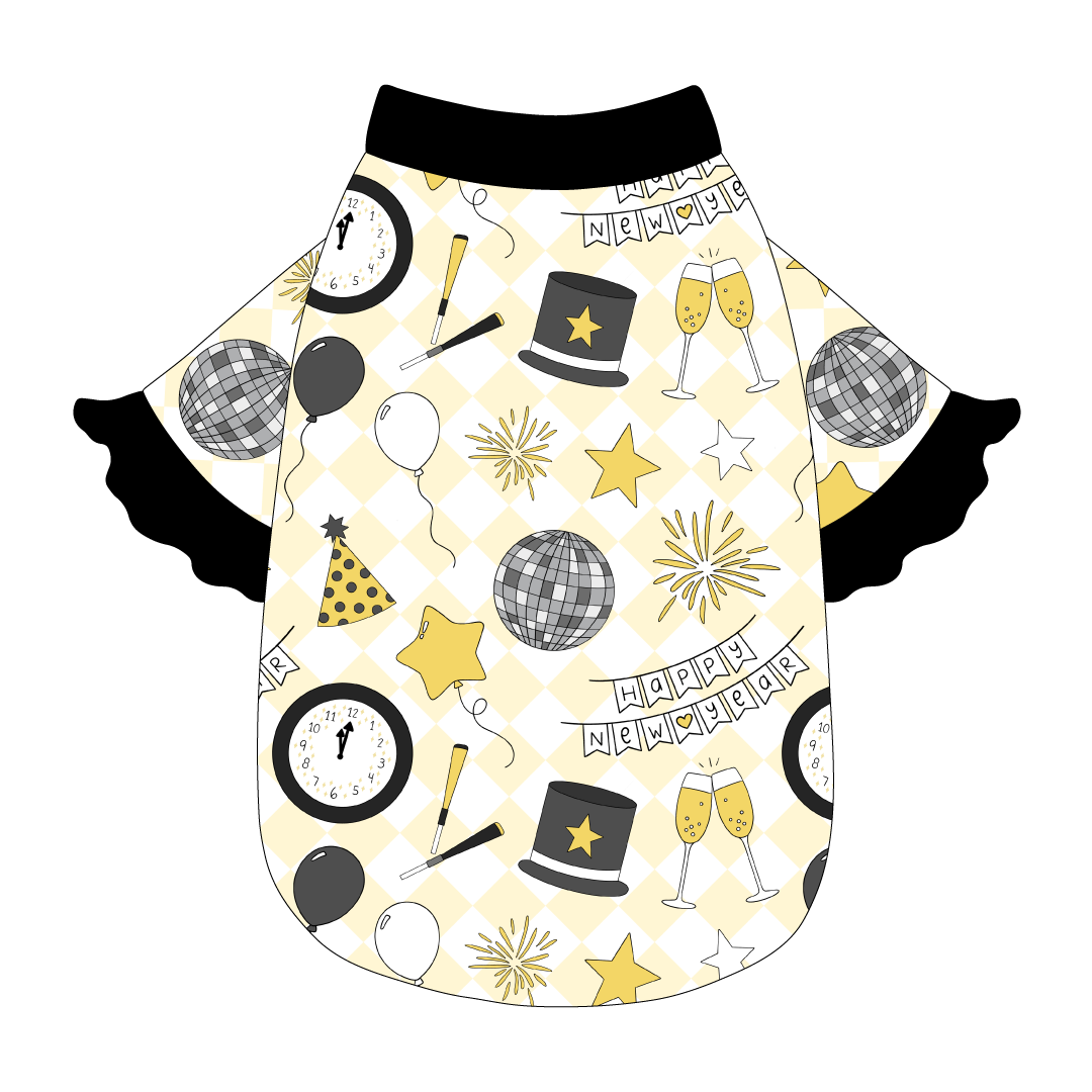 Tee style in a dog friendly pattern that shows a mirror ball, top hat, champagne toast, balloons, clock striking midnight, banner reading Happy New Year and more on a light gold and white diamond background. It's complete with black ruffles on the sleeve edges. Black trim is also on the neck and waist.