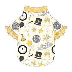 Tee style in a dog friendly pattern that shows a mirror ball, top hat, champagne toast, balloons, clock striking midnight, banner reading Happy New Year and more on a light gold and white diamond background. It's complete with gold sparkle ruffles on the sleeve edges. Gold sparkle trim is also on the neck and waist.