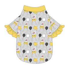 Tee style in a dog friendly pattern that shows two happy champagne glasses making a toast with hearts overhead, gold star balloons and traditional balloons in white and gray on a silver sparkle background. It's complete with gold ruffles on the sleeve edges. Gold trim is also on the neck and waist.