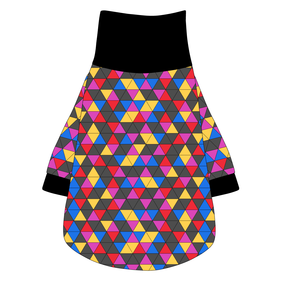 Tee shirt with turtleneck in a dog friendly pattern that shows a colorful geometric design that looks like the New Years Eve ball that drops in Times Square. It's complete with black trim on the neck, sleeves and waist.