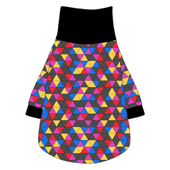 Tee shirt with turtleneck in a dog friendly pattern that shows a colorful geometric design that looks like the New Years Eve ball that drops in Times Square. It's complete with black trim on the neck, sleeves and waist.