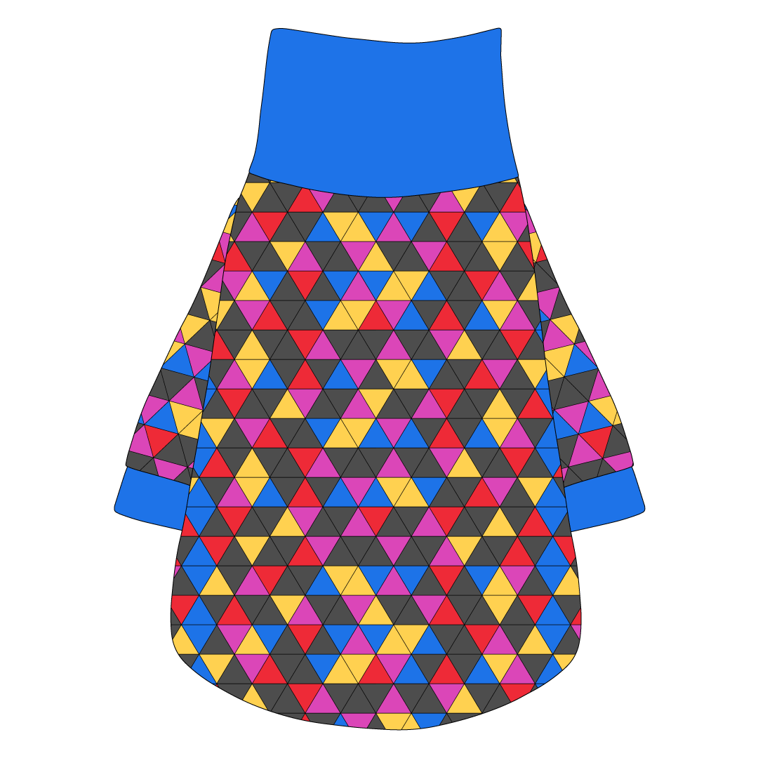 Tee shirt with turtleneck in a dog friendly pattern that shows a colorful geometric design that looks like the New Years Eve ball that drops in Times Square. It's complete with blue trim on the neck, sleeves and waist.