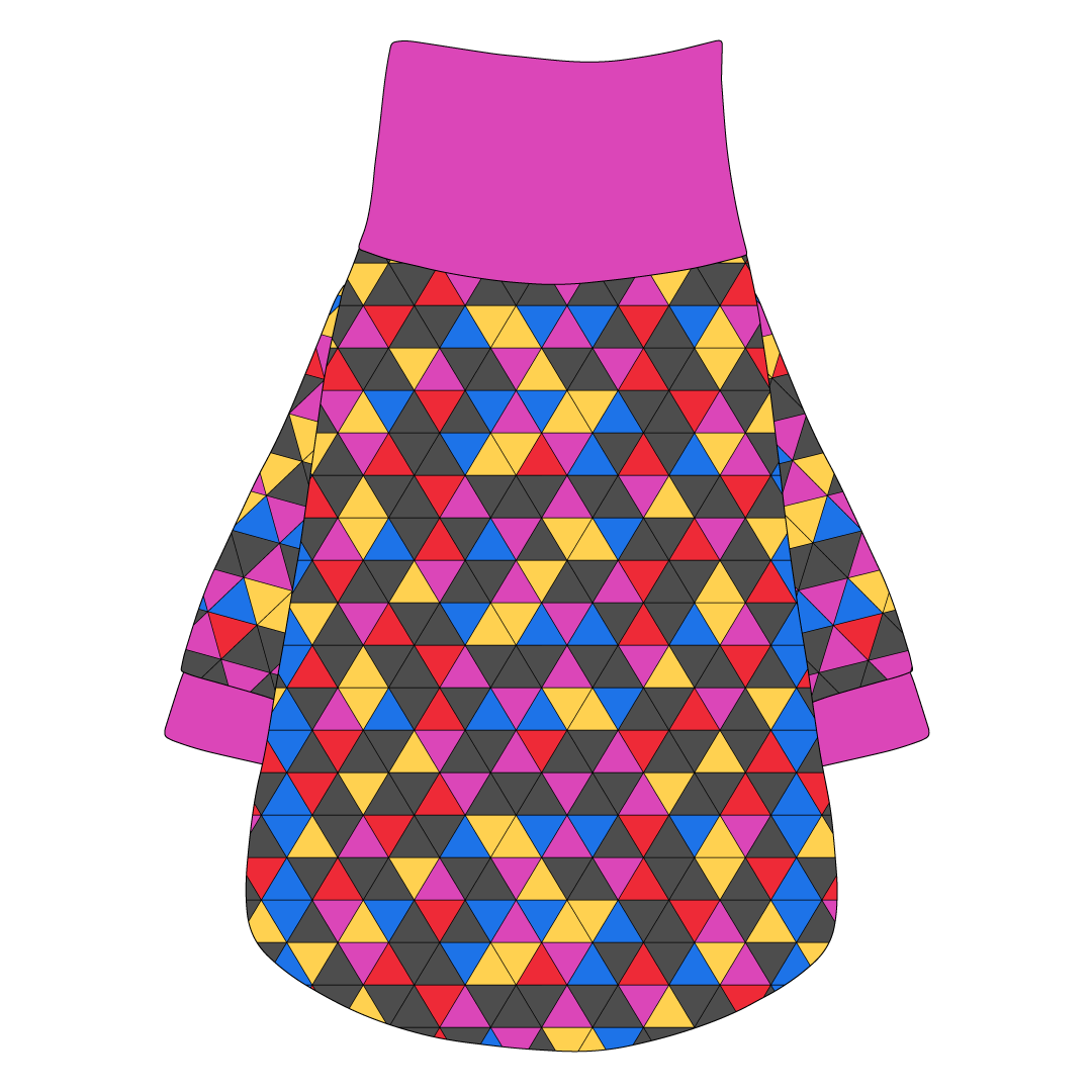 Tee shirt with turtleneck in a dog friendly pattern that shows a colorful geometric design that looks like the New Years Eve ball that drops in Times Square. It's complete with magenta trim on the neck, sleeves and waist.