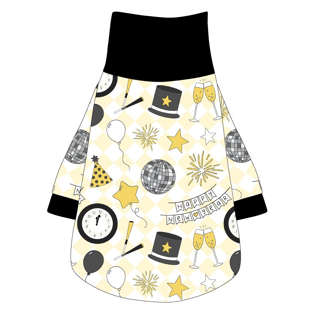 Tee shirt with turtleneck in a dog friendly pattern that shows a mirror ball, top hat, champagne toast, balloons, clock striking midnight, banner reading Happy New Year and more on a light gold and white diamond background.  It's complete with black trim on the neck, waist and sleeves.