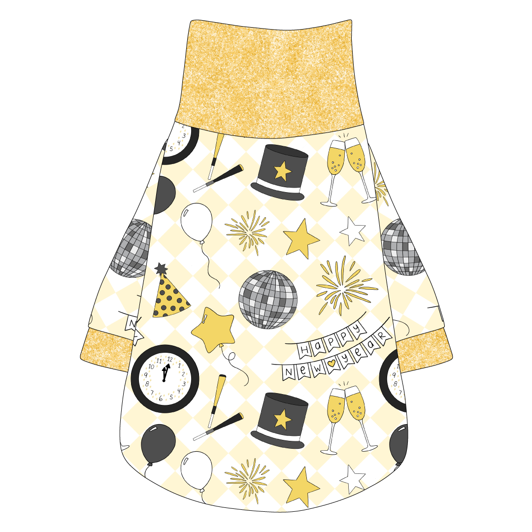 Tee shirt with turtleneck in a dog friendly pattern that shows a mirror ball, top hat, champagne toast, balloons, clock striking midnight, banner reading Happy New Year and more on a light gold and white diamond background.  It's complete with gold sparkle trim on the neck, waist and sleeves.