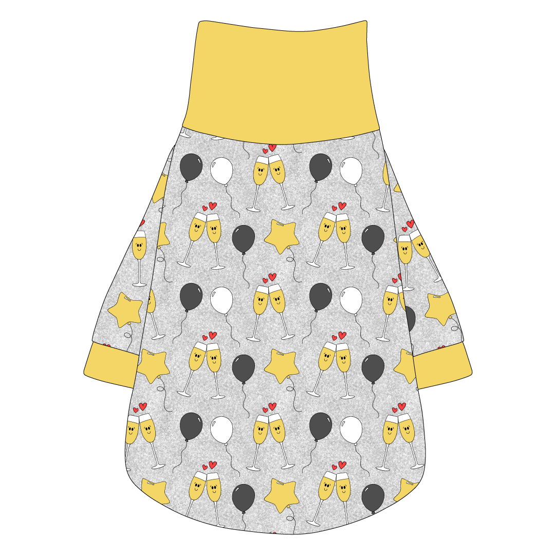 Tee shirt with turtleneck in a dog friendly pattern that shows two happy champagne glasses making a toast with hearts overhead, gold star balloons and traditional balloons in white and gray on a silver sparkle background.  It's complete with gold trim on the neck, waist and sleeves.