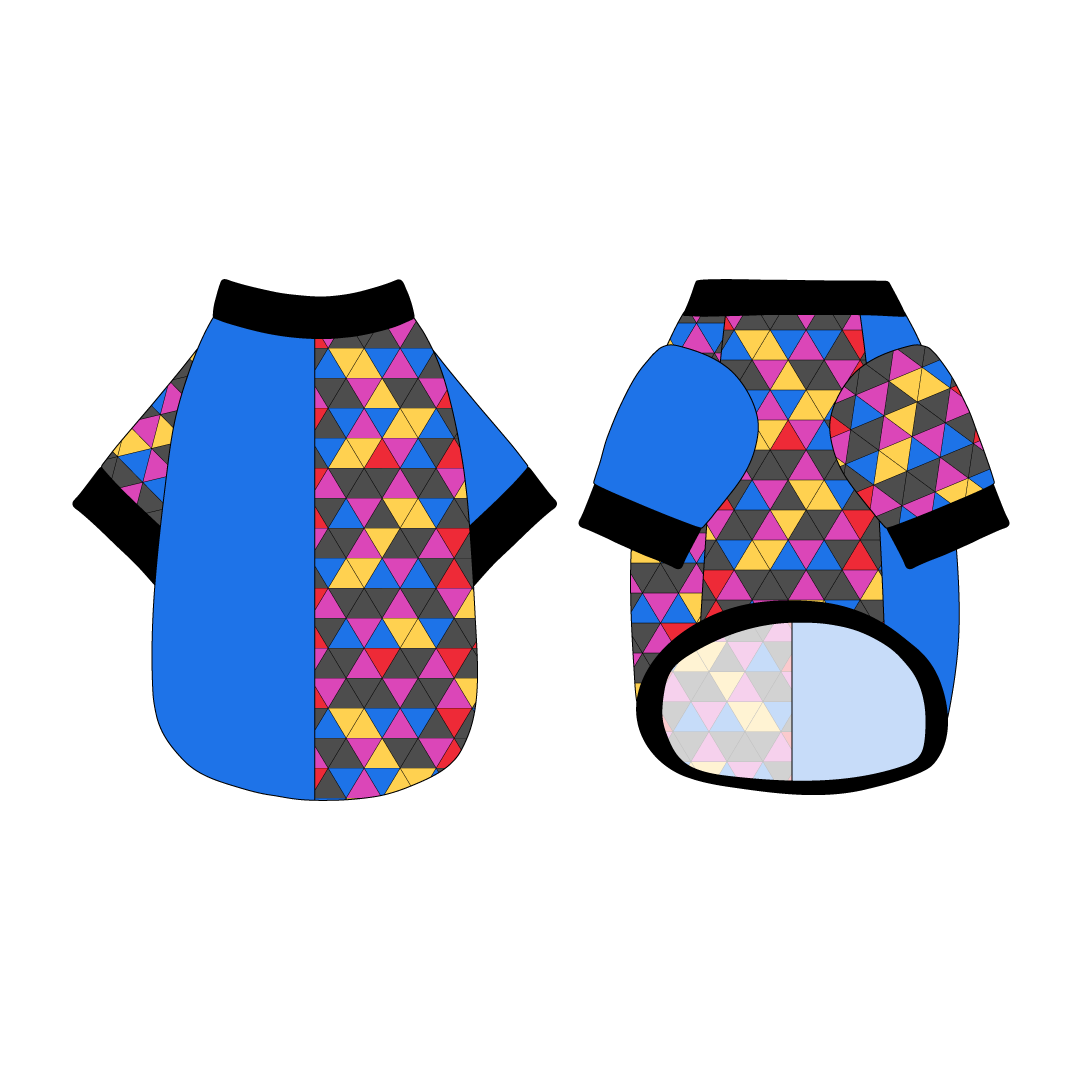 Split back tee shirt using two coordinating fabrics: one side in solid blue and one side in a dog friendly pattern that shows a colorful geometric design that looks like the New Years Eve ball that drops in Times Square. It's complete with black trim on the neck, sleeves and waist.