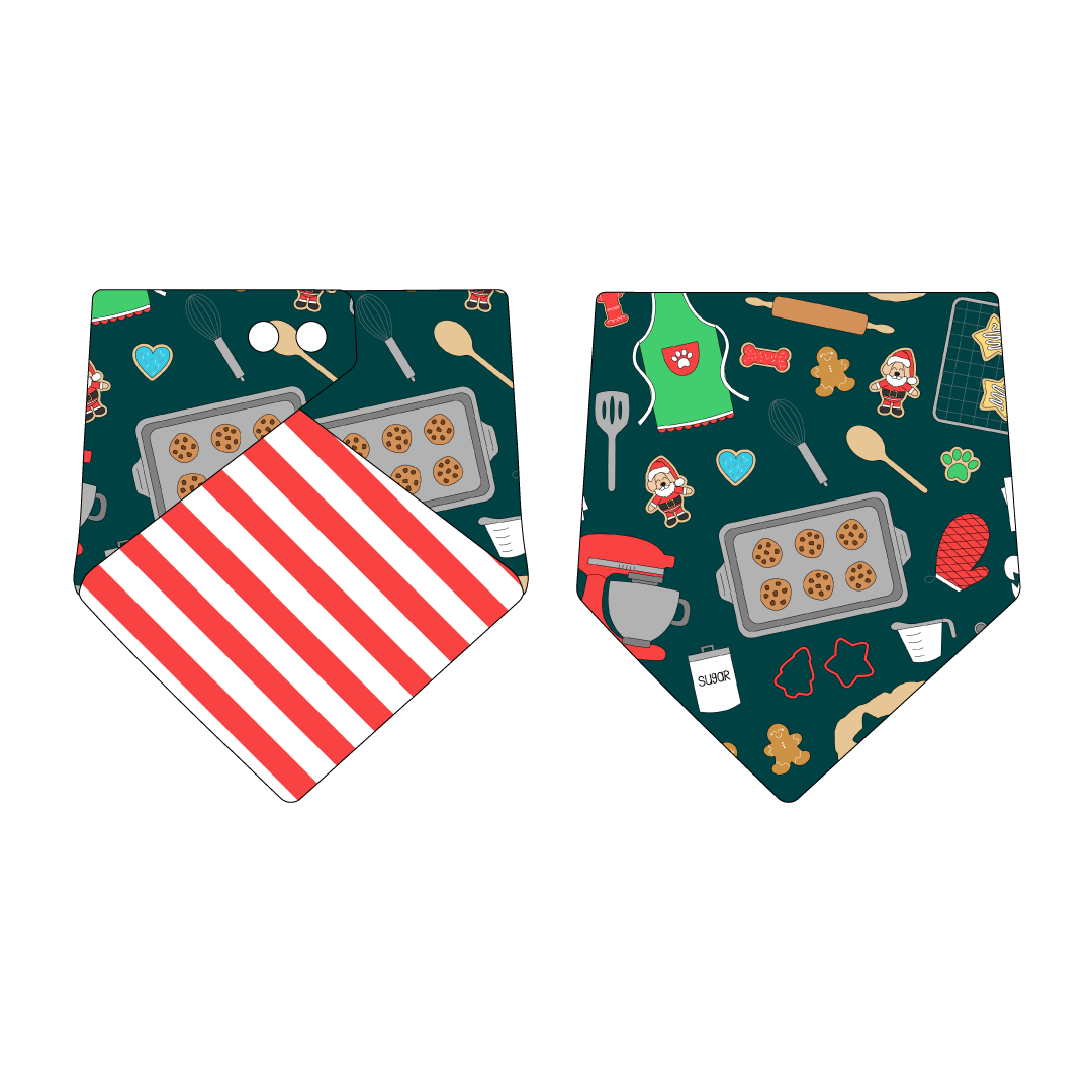 Bandana in a dog friendly pattern that shows cookies baking, a light green apron, recipe cards and more on a deep emerald background. Design is reversible with candy cane on the opposite side.