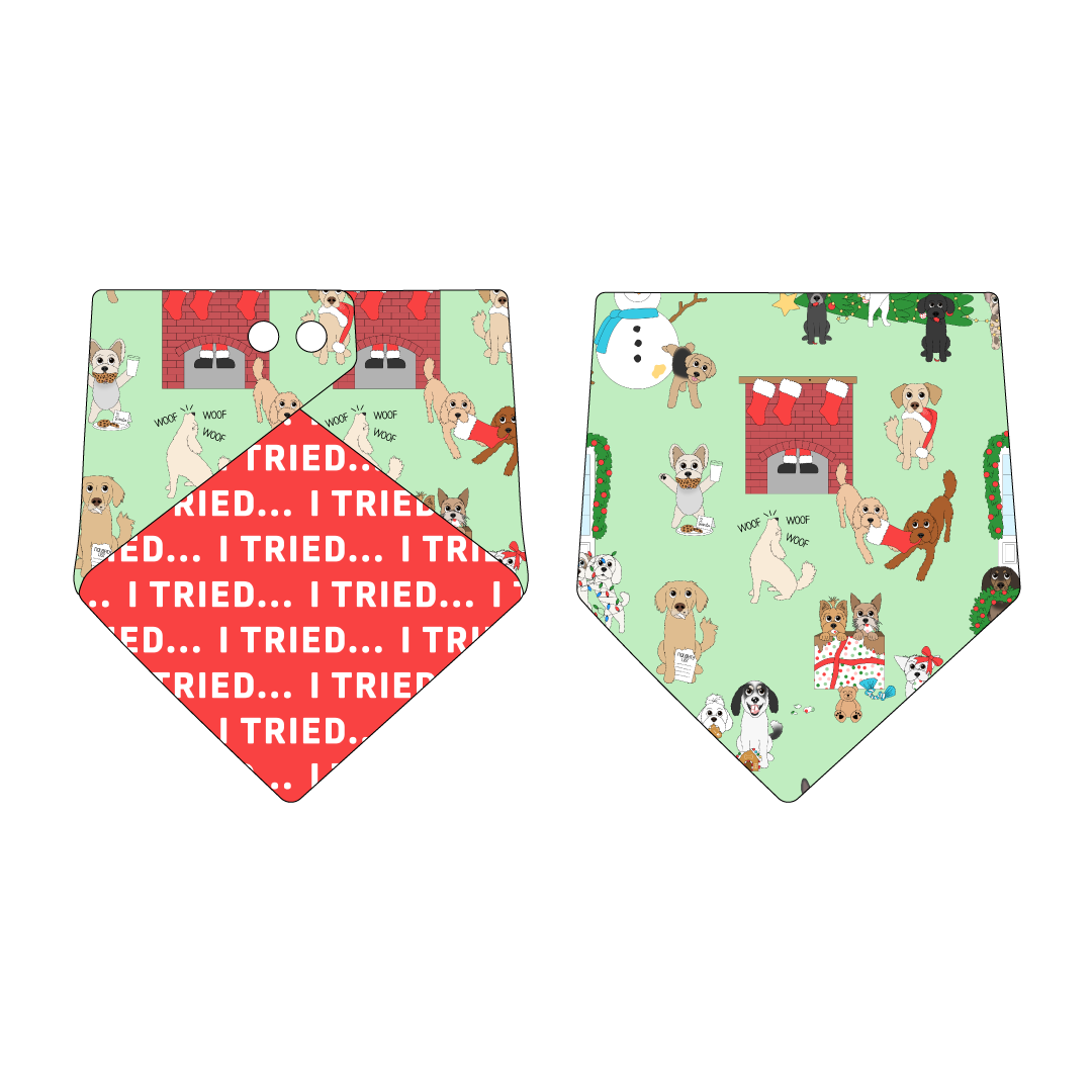 Bandana in a dog friendly pattern that shows the different dog breeds being naughty at Christmas.  Some are getting in gifts, some knocked over the tree, some are tangled in lights, and more. Design is on a light green background. Design is reversible with red that says I Tried in white on the opposite side.