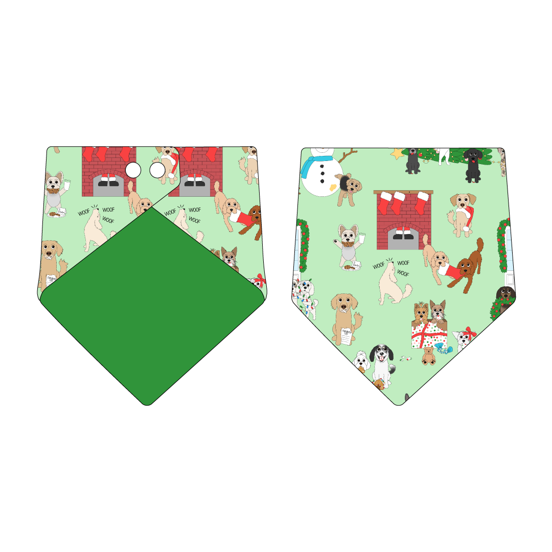 Bandana in a dog friendly pattern that shows the different dog breeds being naughty at Christmas.  Some are getting in gifts, some knocked over the tree, some are tangled in lights, and more. Design is on a light green background. Design is reversible with green on the opposite side.