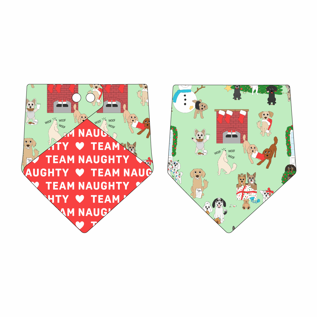 Bandana in a dog friendly pattern that shows the different dog breeds being naughty at Christmas.  Some are getting in gifts, some knocked over the tree, some are tangled in lights, and more. Design is on a light green background. Design is reversible with red that reads Team Naughty in white on the opposite side.