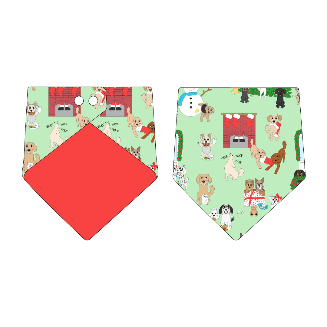 Bandana in a dog friendly pattern that shows the different dog breeds being naughty at Christmas.  Some are getting in gifts, some knocked over the tree, some are tangled in lights, and more. Design is on a light green background. Design is reversible with red on the opposite side.