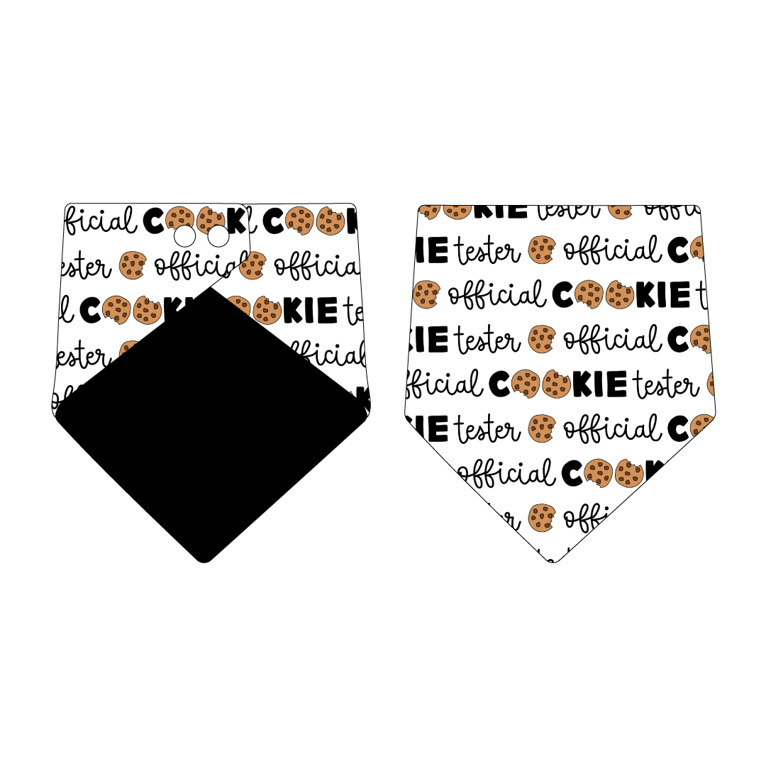 Bandana in a dog friendly pattern that shows the text Official Cookie Tester, using two cookies for letter “o” in cookies, on a white background. Design is reversible with black on the opposite side.