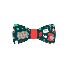 Bowtie in a dog friendly pattern that shows cookies baking, a light green apron, recipe cards and more on a deep emerald background. Red accent in the center of the bowtie.  It's complete with attached elastic loops on the back to secure on dog collar.