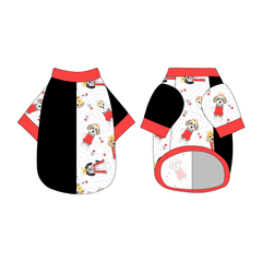 Split back tee shirt using two coordinating fabrics: one side in solid black and one side in a dog friendly pattern that shows boy and girl dogs dressed as kings and queens on playing cards. It's complete with solid red trim on the neck, sleeves and waist.