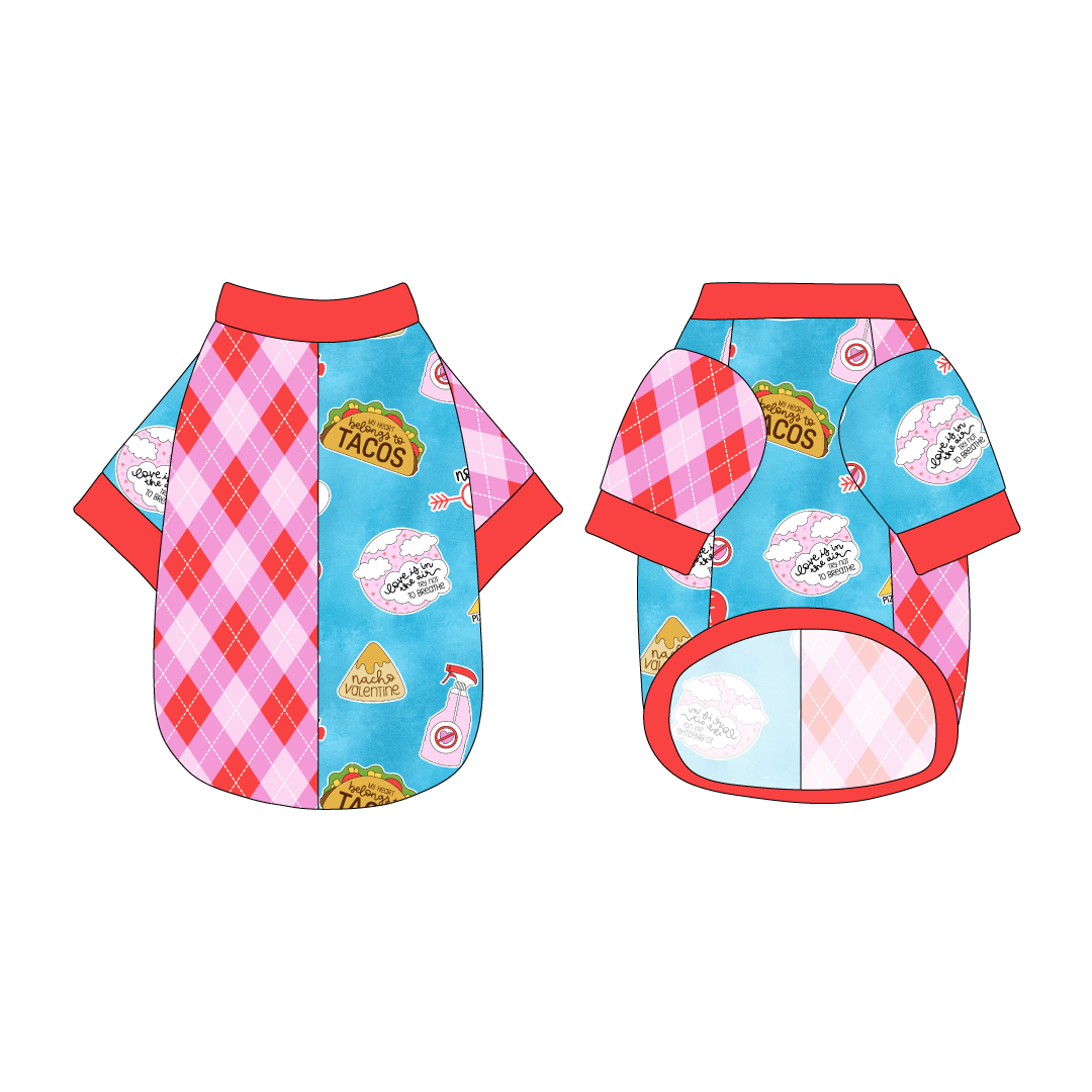Split back tee shirt using two coordinating fabrics: one side in Valentine argyle plaid and one side in a dog friendly pattern that shows witty anti-Valentine phrases and fun images. It's complete with solid red trim on the neck, sleeves and waist.