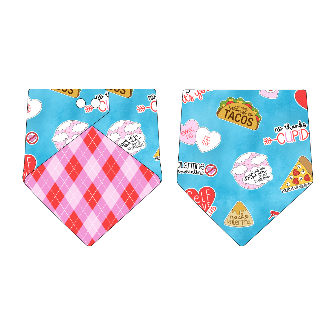 Bandana in a dog friendly pattern that shows witty anti-Valentine phrases and fun images. Design is reversible with Valentine argyle plaid on the opposite side.