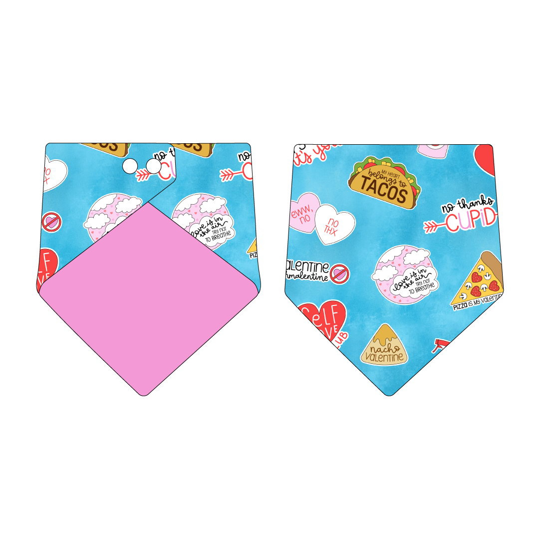 Bandana in a dog friendly pattern that shows witty anti-Valentine phrases and fun images. Design is reversible with solid pink on the opposite side.