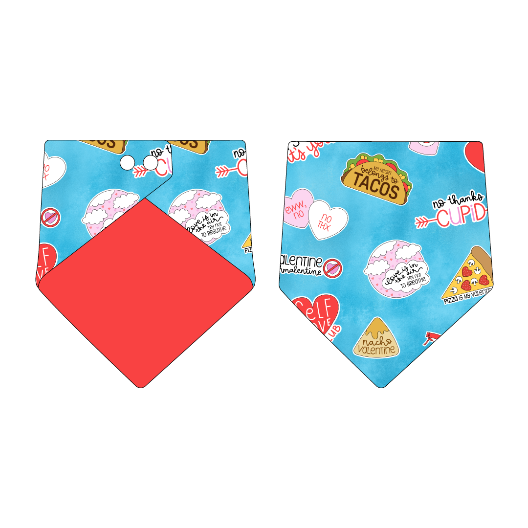 Bandana in a dog friendly pattern that shows witty anti-Valentine phrases and fun images. Design is reversible with solid red on the opposite side.