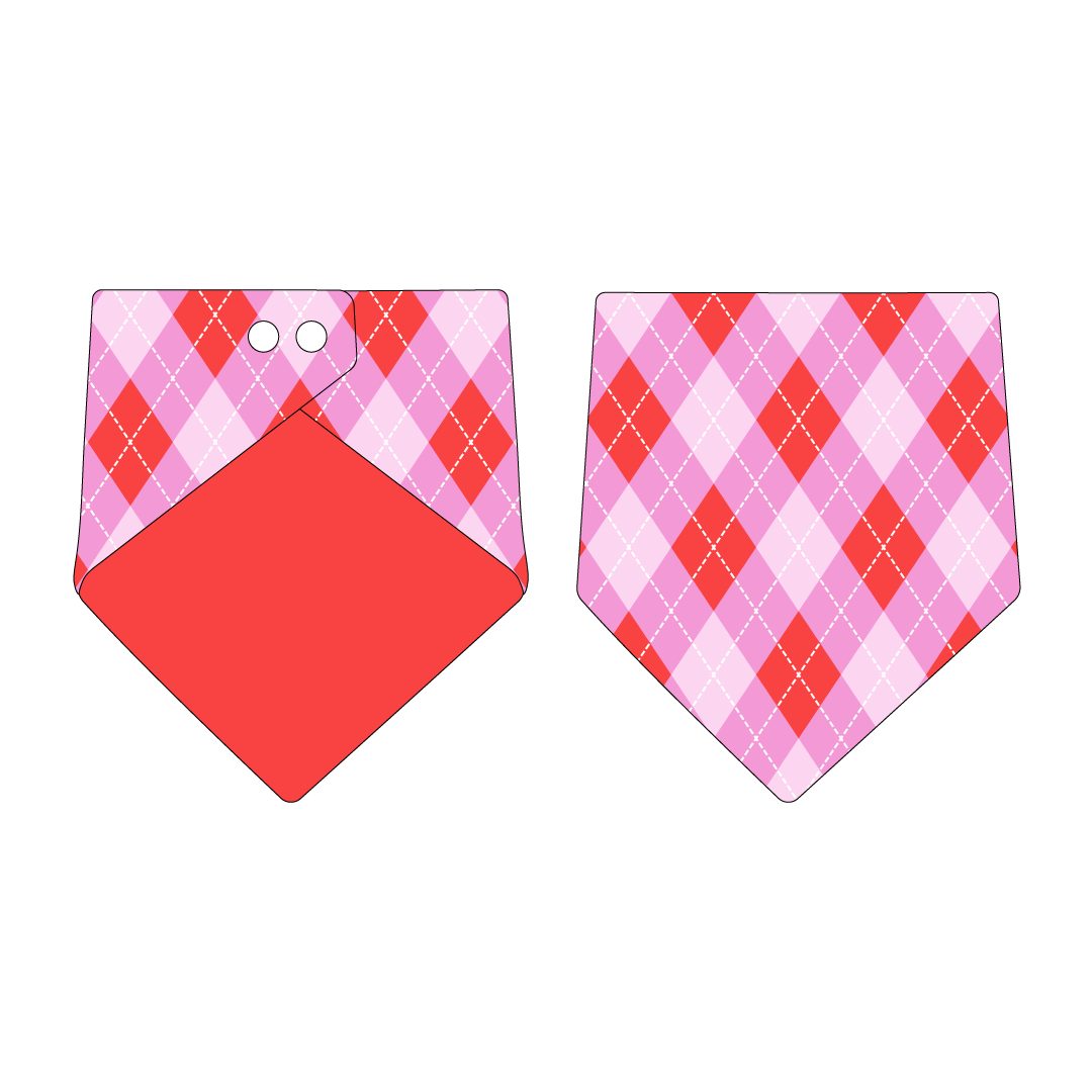 Bandana in a dog friendly pattern that shows Valentine argyle plaid. Design is reversible with solid red on the opposite side.